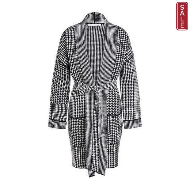 Oui -  Long Cotton Knit Cardigan in Black & White Dog-Tooth Print