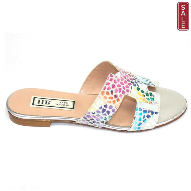 HB - Flat Printed Suede Backless Sandal in Multi Coloured Pebble Print