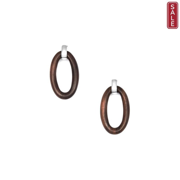 The Branch - Large Oval Black Wood Link Silver Plated Earring