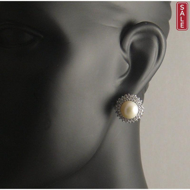 The Real Pearl Co. - Large White Pearl & CZ Round Stud Earrings