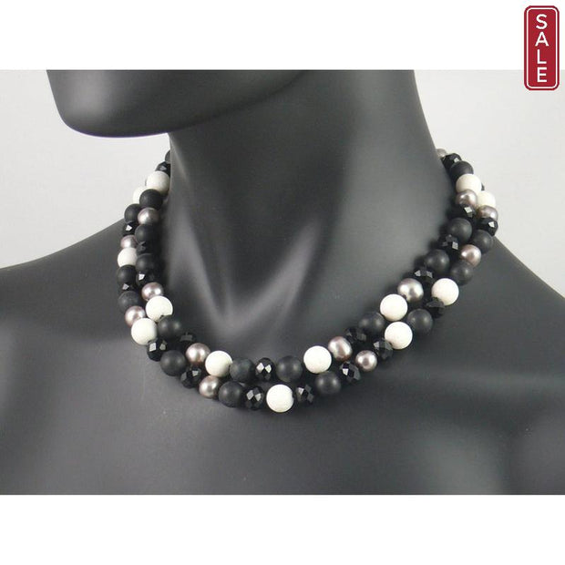 The Real Pearl Co. - Short Necklace of Silver Pearl, Matt Onyx, White Coral & Black Crystal