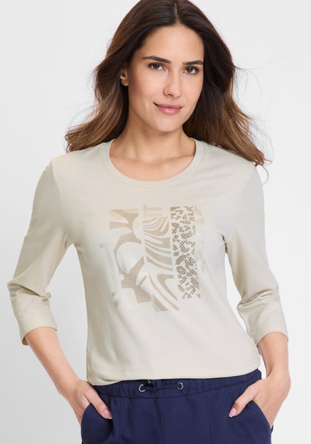 Olsen - Edda - Cotton Round Neck 3/4 Sleeve T Shirt i Caffe Latte  (11105175)