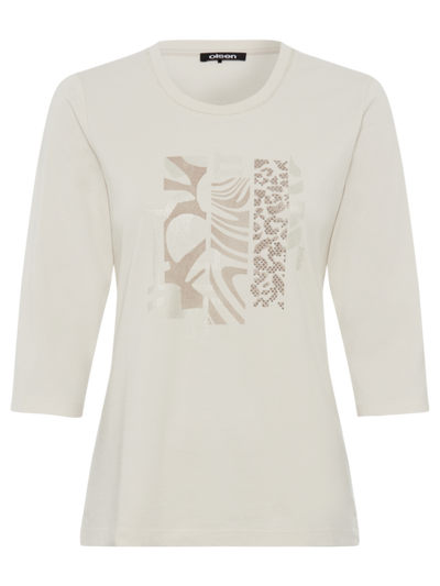Olsen - Edda - Cotton Round Neck 3/4 Sleeve T Shirt i Caffe Latte  (11105175)
