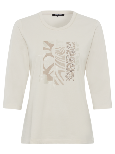 Olsen - Edda - Cotton Round Neck 3/4 Sleeve T Shirt i Caffe Latte  (11105175)