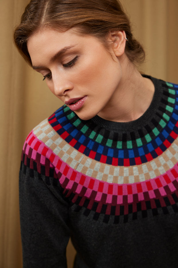 Sunday - Round Neck Jumper with Bright Multi Coloured Fairisle Design (6597-6317)