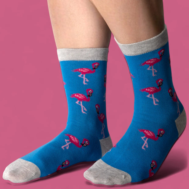 Jess & Lou - Blue & Pink Flamingo Ladies Bamboo Socks (BW241)