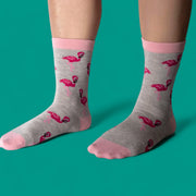 Jess & Lou - Light Grey & Pink Flamingo Ladies Bamboo Socks (BW240)
