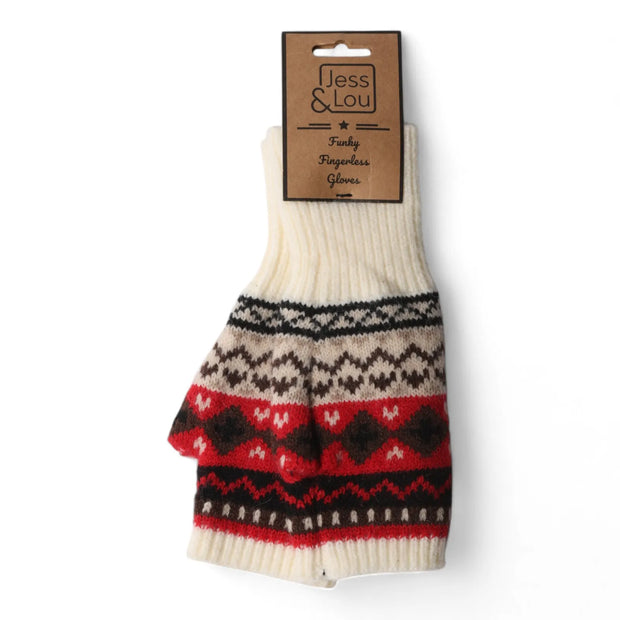 Jess & Lou - Cream/Red Nordic Fingerless Gloves/Wrist Warmer (GL288)