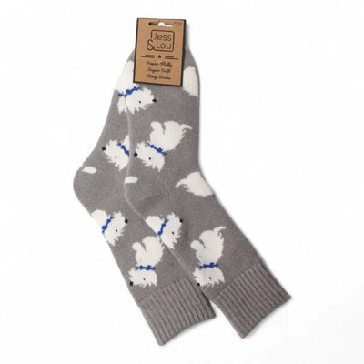 Jess & Lou - Westie Light Grey Ladies Ribbed Socks (SL354)