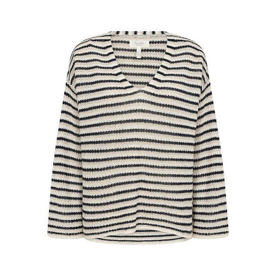 Part Two - NahniPW Long Sleeve V Neck Linen Stripe Jumper