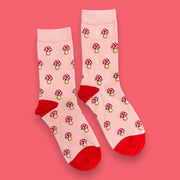 Jess & Lou - Pink with Red Mushrooms Ladies Bamboo Socks (BW190)