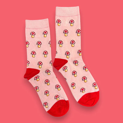 Jess & Lou - Pink with Red Mushrooms Ladies Bamboo Socks (BW190)