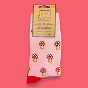 Jess & Lou - Pink with Red Mushrooms Ladies Bamboo Socks (BW190)