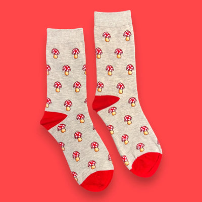 Jess & Lou - Light Grey with Red Mushrooms Ladies Bamboo Socks (BW191)