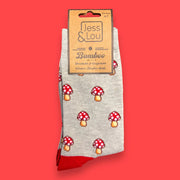 Jess & Lou - Light Grey with Red Mushrooms Ladies Bamboo Socks (BW191)