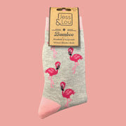 Jess & Lou - Light Grey & Pink Flamingo Ladies Bamboo Socks (BW240)