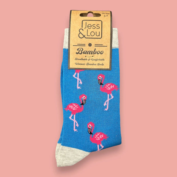 Jess & Lou - Blue & Pink Flamingo Ladies Bamboo Socks (BW241)