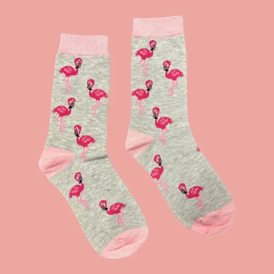 Jess & Lou - Light Grey & Pink Flamingo Ladies Bamboo Socks (BW240)