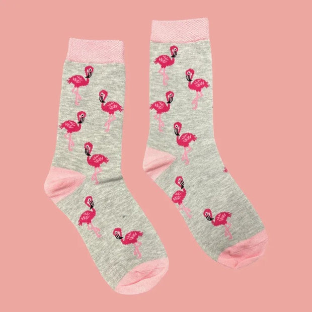 Jess & Lou - Light Grey & Pink Flamingo Ladies Bamboo Socks (BW240)