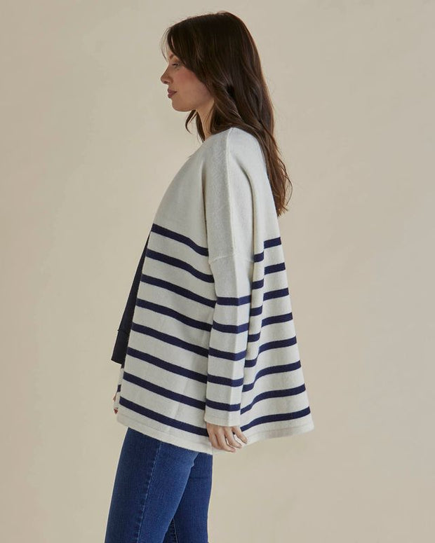 Betty Basics - Emy - Cream With Navy Blue Stripes oversized Cardigan (BB4065)