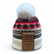 Jess & Lou - Cosy Nordic Unisex Bobble Hat in Cream/Red (HL878)