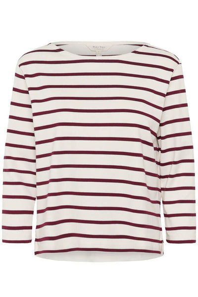 Part Two - NelaPW 3/4 Sleeve Round Neck Stripe Organic Cotton Top in Tawney Port