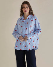 Betty Basics - Sage - Ladies Blue Stripe with Embroidered Red Hearts Cotton Shirt  (BB8384)