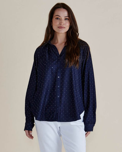 Betty Basics - Lizza - Ladies Dark Blue Shirt With Diamante Embellishments (BB8418)