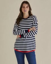 Betty Basics - Sophie- Fine Knit Round Neck Stripe Jumper with Red Edging (BB425)