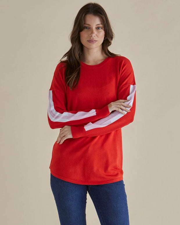 Betty Basics - Sophie- Fine Knit Round Neck Jumper with Stripe on Sleeves (BB425)