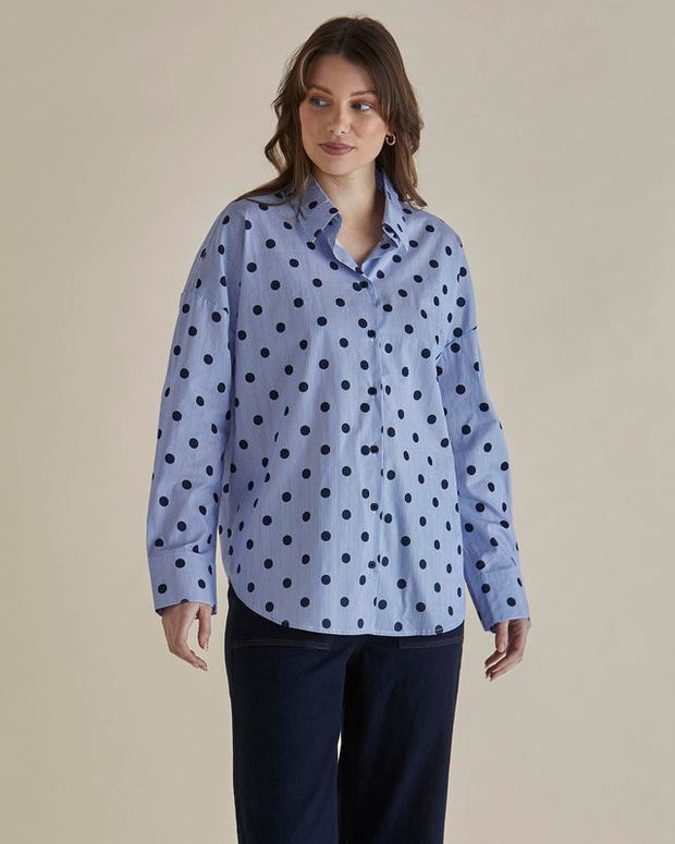 Betty Basics - Ladies Blue Stripe with Navy Spots Cotton Shirt